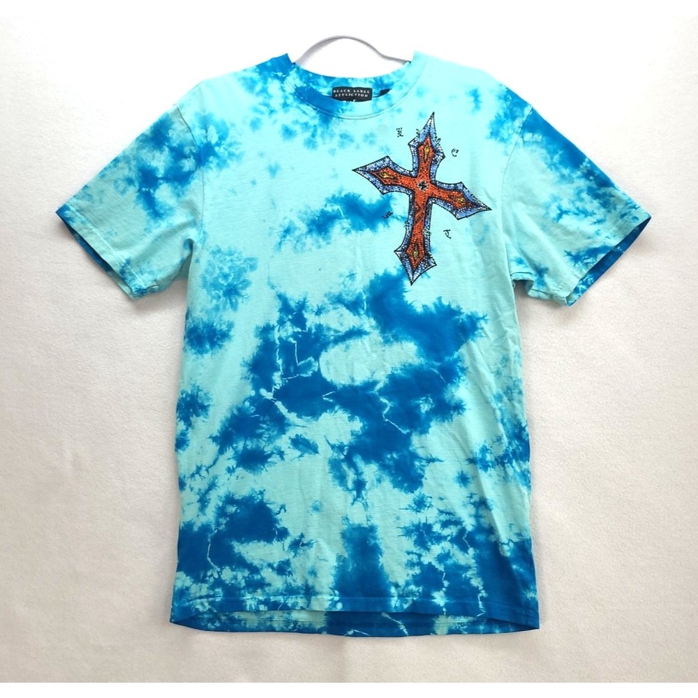 Vintage Black Label Affliction T shirt Live Fast Blue Tie Dye Sz M‎ Cross Skull